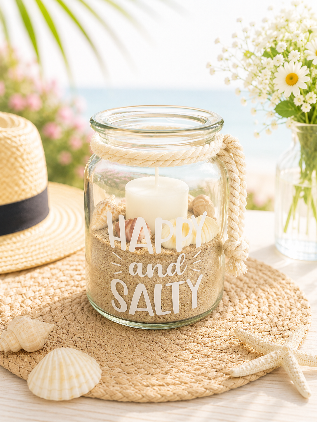 Kerzenglas Sommerzauber Klein "Boho-Windlicht mit Sommerspruch"