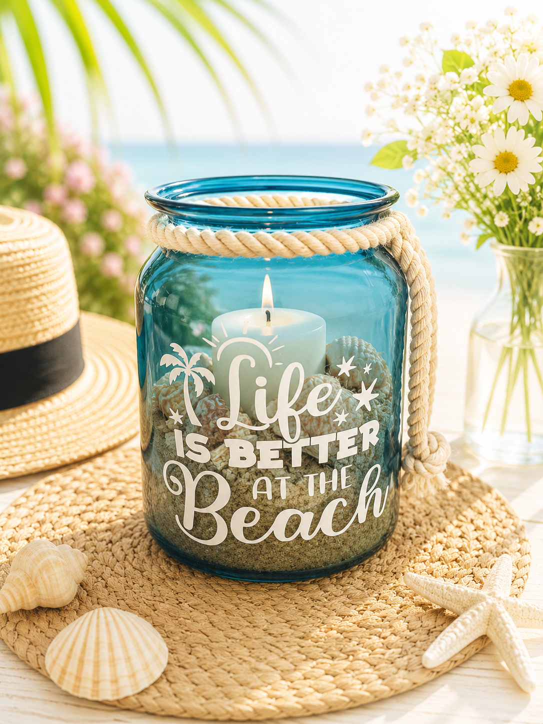 Kerzenglas Sommerzauber Groß "Boho-Windlicht mit Sommerspruch"