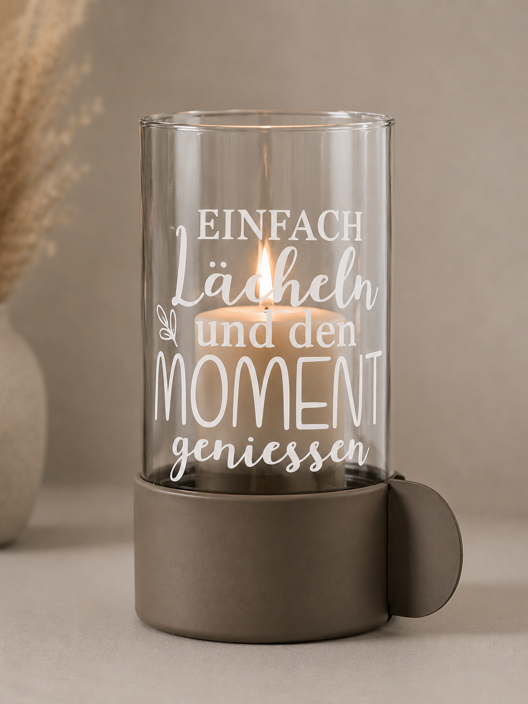 Kerzenglas mit Holzsockel & Spruch