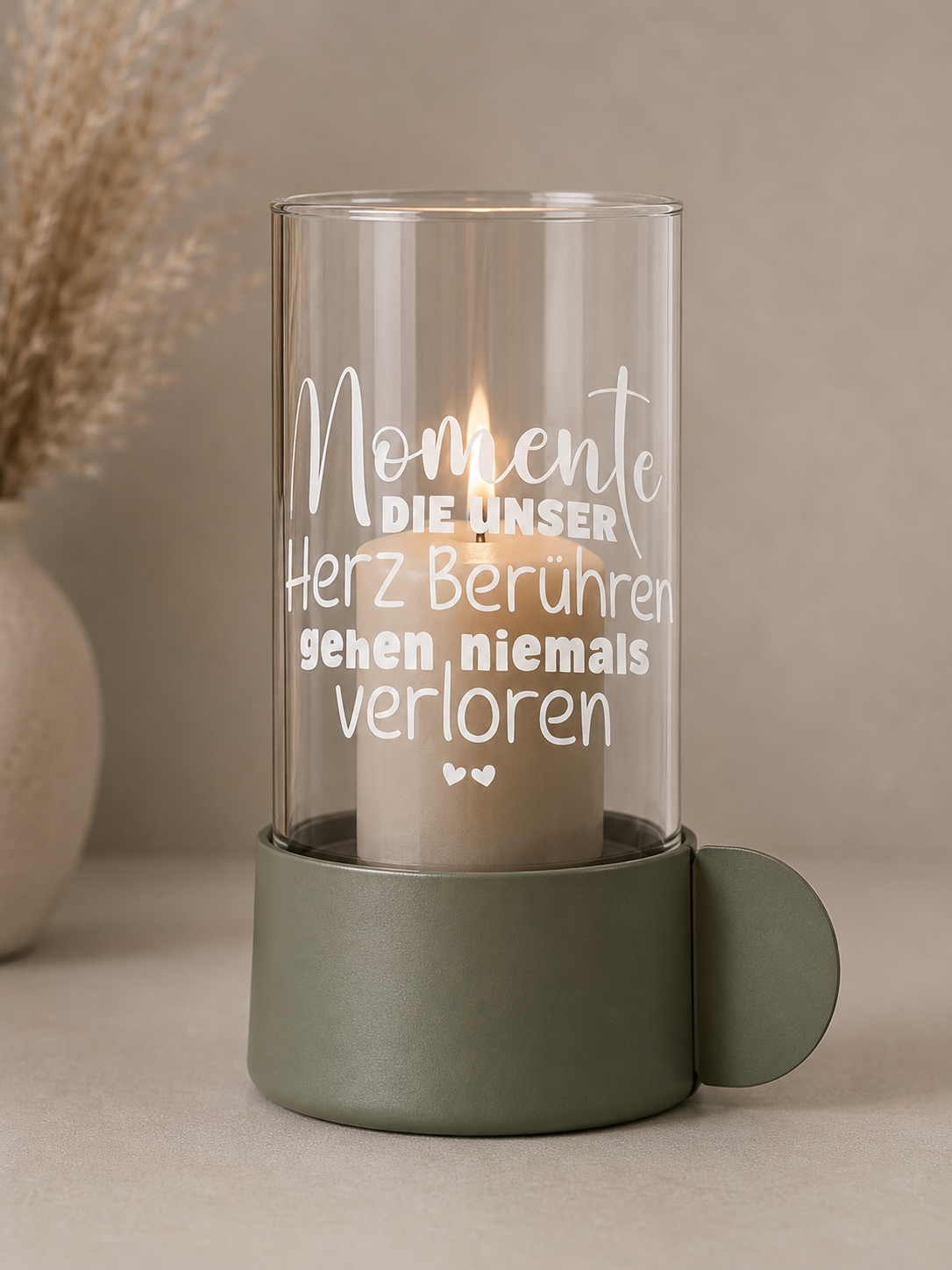 Kerzenglas mit Holzsockel & Spruch