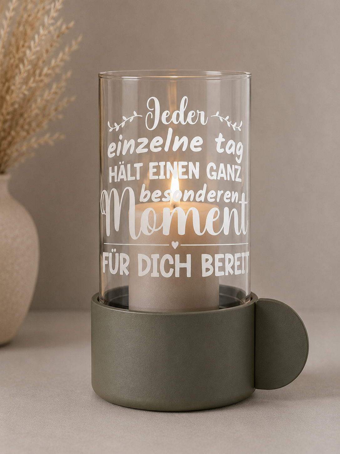Kerzenglas mit Holzsockel & Spruch