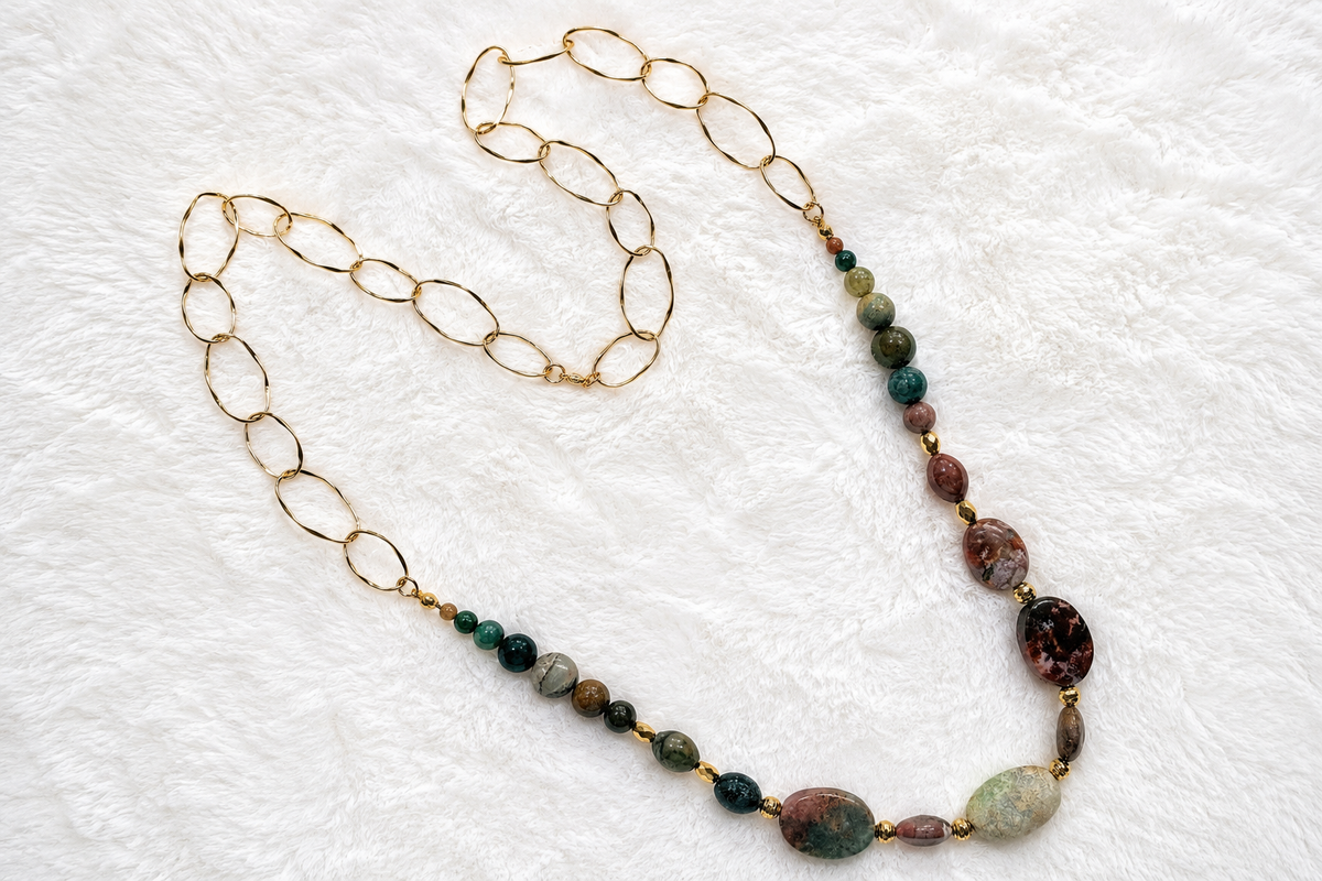 Edelsteinkette Indischer Achat mit goldenen Statements