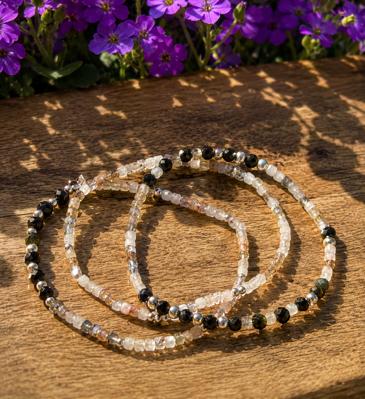 Mix & Match Armbänder – Rubinquarz & schwarzer Turmalin, Silber